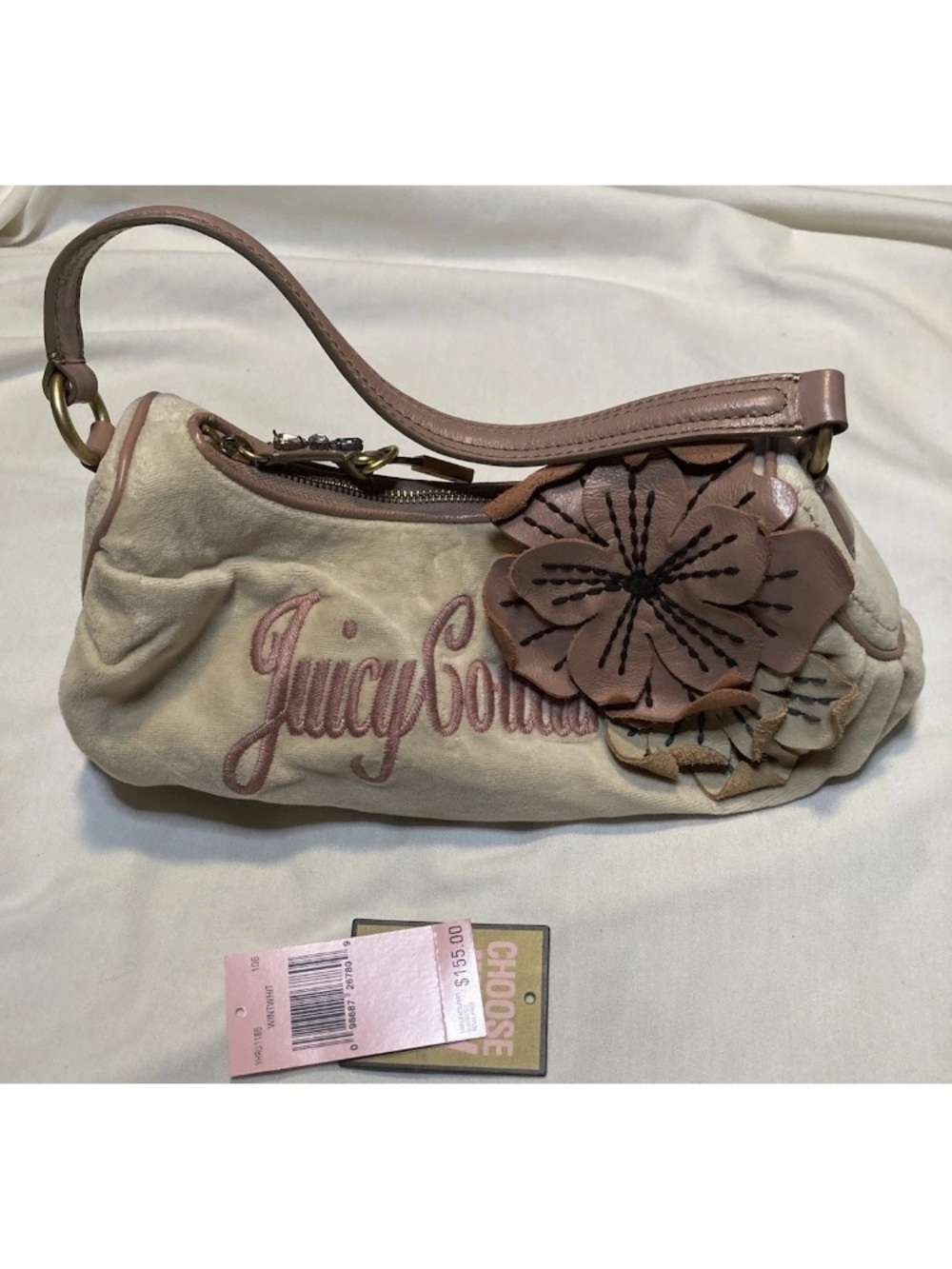 Juicy Couture Beige & Dusty Pink Floral Appliqué Shoulder Bag Y2K